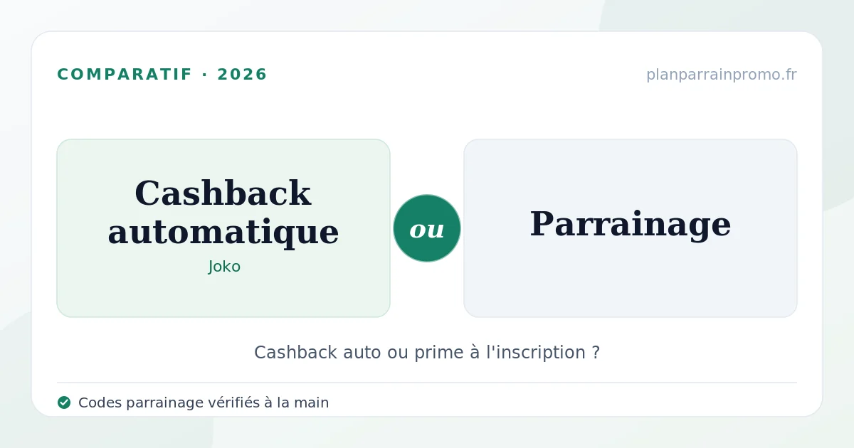 Joko ou parrainage en 2026 : cashback automatique contre prime à l'inscription